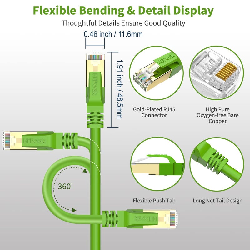 HiiPeak Cat8 Ethernet Cable 1FT, Indoor&Outdoor, Heavy Duty High Speed 26AWG Cat8 Network LAN Cable 2000Mhz, 40Gbps with Gold Plated RJ45 Connector, Weatherproof S/FTP UV Resistant for Router,Modem,PC Green - Image 3